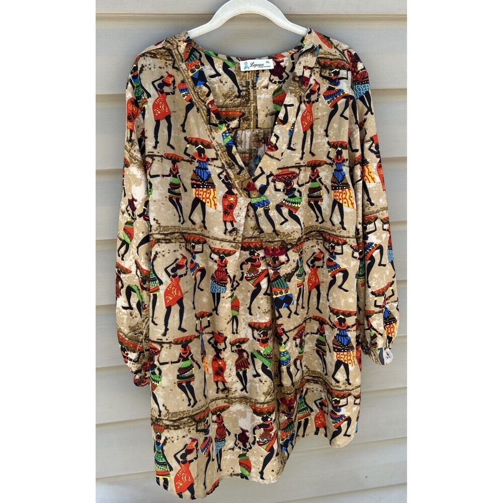 Lapogee Tribal Print Tunic Blouse Womens XL India Boho Hippie Cultural